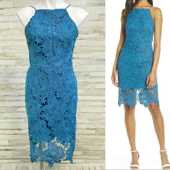 Adelyn Rae Dresses & Skirts - Adelyn Rae Blue Dress Floral Crochet Lace Sheath Halter S